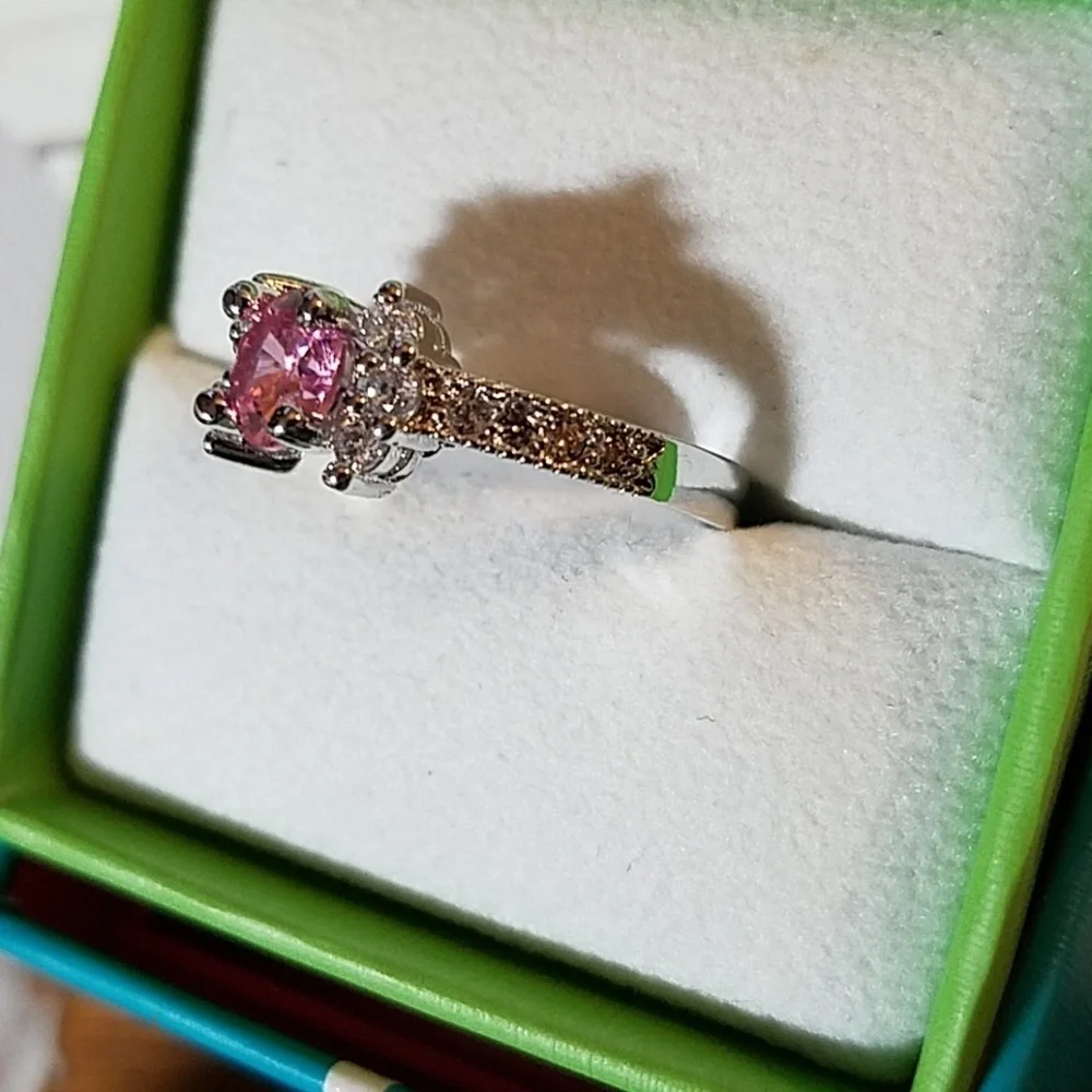 Pink & Rhinestone Silver Tone Ring Size 9